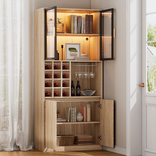 Buffet De Cuisine 80x40x180 Cm Avec 4 Portes, Éclairage LED, Rangements Ouverts, En Mdf, Naturel