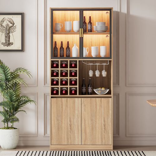 Buffet De Cuisine 80x40x180 Cm Avec 4 Portes, Éclairage LED, Rangements Ouverts, En Mdf, Naturel