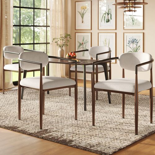 Lot De 4 Fauteuils De Salle à Manger En Tissu Lin Beige - Pieds Métal Et Réglables