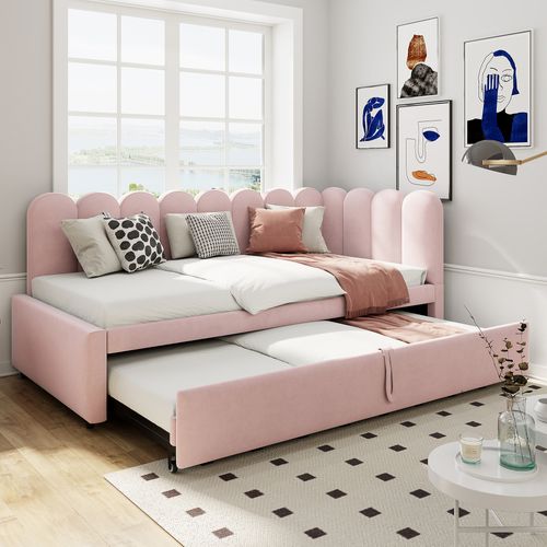 Lit Gigogne Enfant (90/180x200 Cm), Conception En Forme De L, Gagnez De L'espace, Velours, Rose