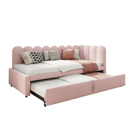 Lit Gigogne Enfant (90/180x200 Cm), Conception En Forme De L, Gagnez De L'espace, Velours, Rose