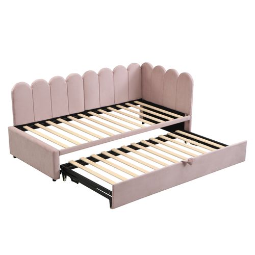 Lit Gigogne Enfant (90/180x200 Cm), Conception En Forme De L, Gagnez De L'espace, Velours, Rose