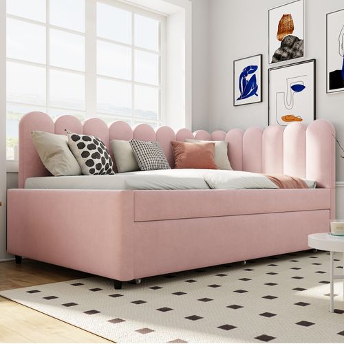 Lit 140x200 Cm Avec 1 Lit Gigogne 90x190 Cm, Conception En Forme De L, Velours, Rose