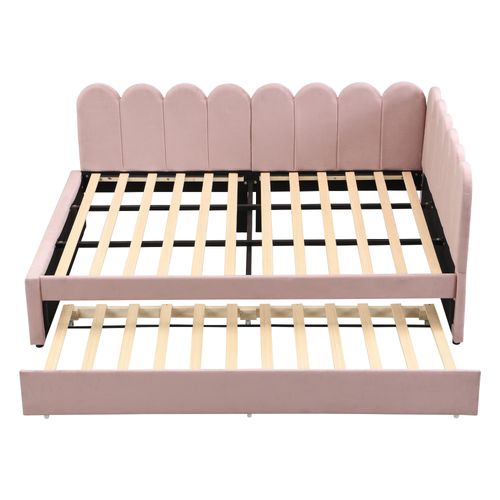 Lit 140x200 Cm Avec 1 Lit Gigogne 90x190 Cm, Conception En Forme De L, Velours, Rose