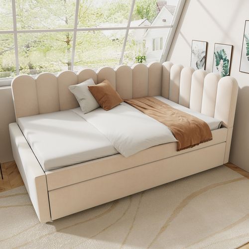 Lit 140x200 Cm Avec 1 Lit Gigogne 90x190 Cm, Conception En Forme De L, Velours, Beige