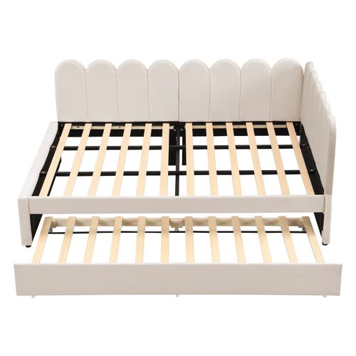 Lit 140x200 Cm Avec 1 Lit Gigogne 90x190 Cm, Conception En Forme De L, Velours, Beige