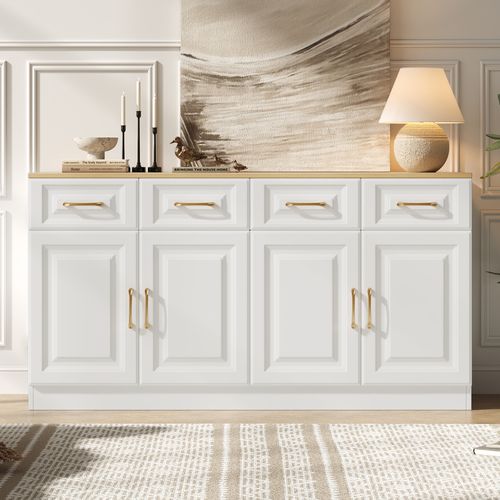 Buffet 140x40x75 Cm Avec 4 Portes, 4 Tiroirs, Espace De Rangement, En Mdf, Blanc Et Chêne