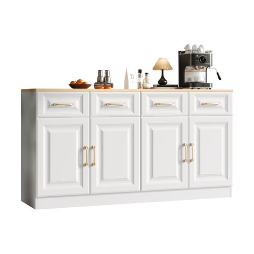 Buffet 140x40x75 Cm Avec 4 Portes, 4 Tiroirs, Espace De Rangement, En Mdf, Blanc Et Chêne