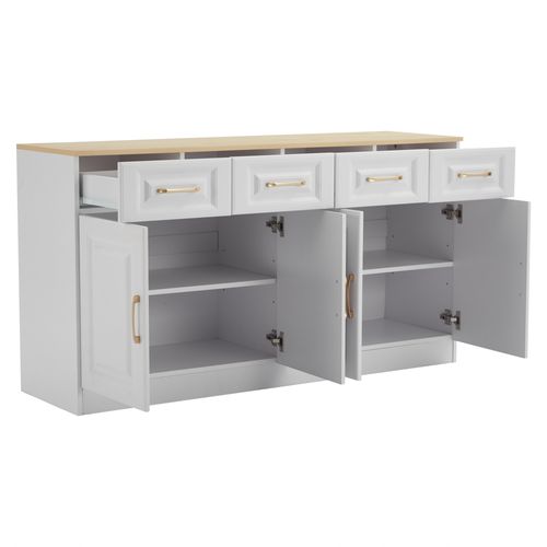Buffet 140x40x75 Cm Avec 4 Portes, 4 Tiroirs, Espace De Rangement, En Mdf, Blanc Et Chêne