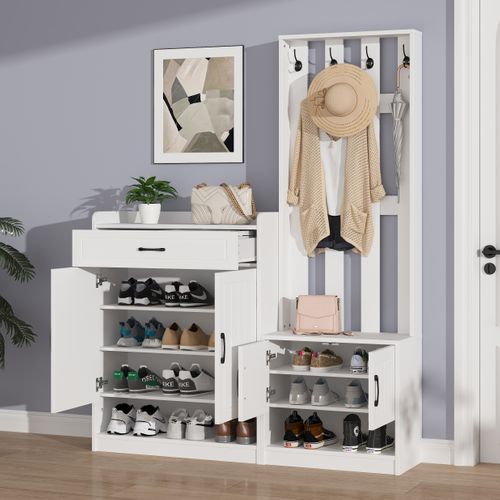 Vestiaire D’entrée Avec 1 Tiroir, 4 Portes, Crochets, Rangements, Finition Mate, En Mdf, Blanc