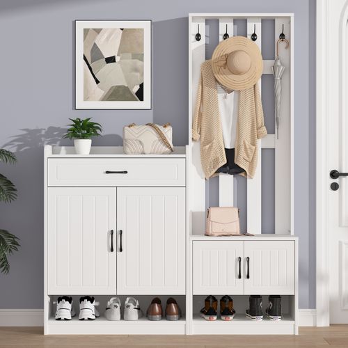 Vestiaire D’entrée Avec 1 Tiroir, 4 Portes, Crochets, Rangements, Finition Mate, En Mdf, Blanc