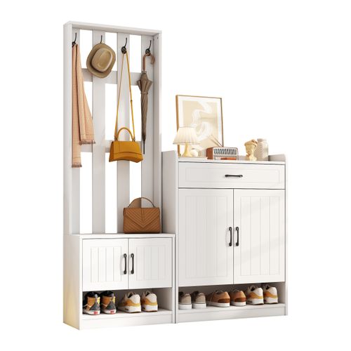 Vestiaire D’entrée Avec 1 Tiroir, 4 Portes, Crochets, Rangements, Finition Mate, En Mdf, Blanc