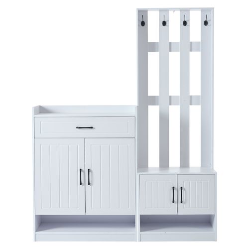 Vestiaire D’entrée Avec 1 Tiroir, 4 Portes, Crochets, Rangements, Finition Mate, En Mdf, Blanc