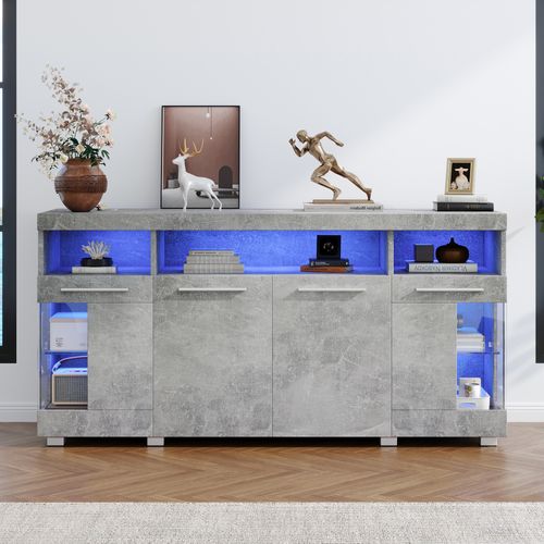 Buffet 140 X 40 X 70 Cm Avec 4 Portes, Éclairage LED, Compartiments Ouverts, En Mdf, Gris