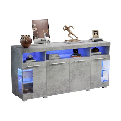 Buffet 140 X 40 X 70 Cm Avec 4 Portes, Éclairage LED, Compartiments Ouverts, En Mdf, Gris