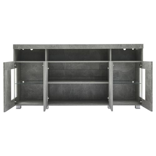 Buffet 140 X 40 X 70 Cm Avec 4 Portes, Éclairage LED, Compartiments Ouverts, En Mdf, Gris
