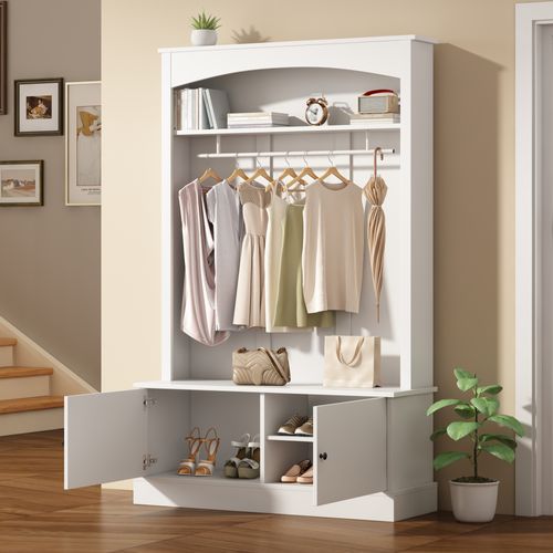 Vestiaire 120x40x190 Cm, Armoire D'entrée Avec 1 Tringle, Banc, Étagères, Rangement, En Mdf, Blanc