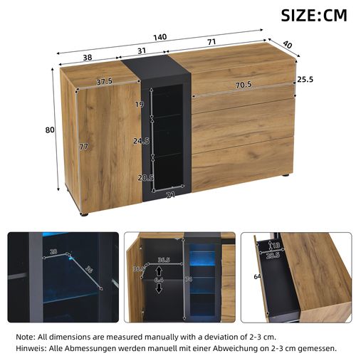 Buffet Moderne 140x40x80cm, 1 Porte, 2 Cloisons En Verre, 3 Tiroirs, Coloris Bois Et Noir