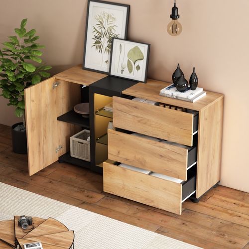 Buffet Moderne 140x40x80cm, 1 Porte, 2 Cloisons En Verre, 3 Tiroirs, Coloris Bois Et Noir