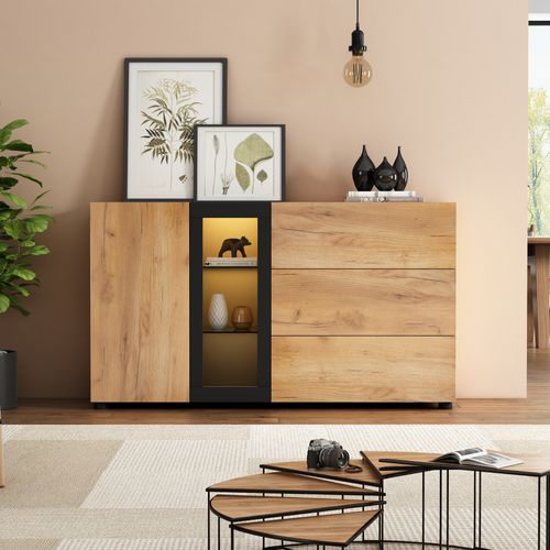 Buffet Moderne 140x40x80cm, 1 Porte, 2 Cloisons En Verre, 3 Tiroirs, Coloris Bois Et Noir