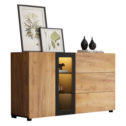 Buffet Moderne 140x40x80cm, 1 Porte, 2 Cloisons En Verre, 3 Tiroirs, Coloris Bois Et Noir