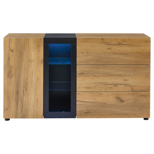 Buffet Moderne 140x40x80cm, 1 Porte, 2 Cloisons En Verre, 3 Tiroirs, Coloris Bois Et Noir