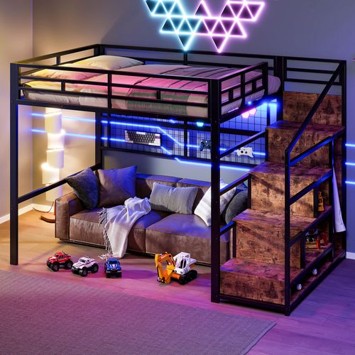 Lit Mezzanine 140x200 Cm Avec Échelle, LED, Grille De Suspension, Rangement, En Métal, Noir