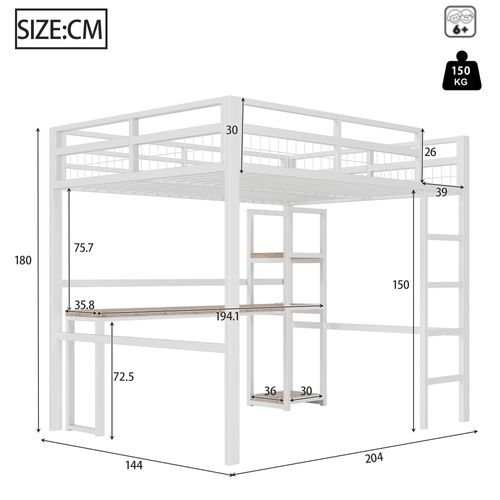 Lit Mezzanine 140x200cm, Bureau Avec Prise Électrique, Port USB Type-c, Cadre En Fer, Blanc