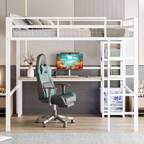 Lit Mezzanine 140x200cm, Bureau Avec Prise Électrique, Port USB Type-c, Cadre En Fer, Blanc