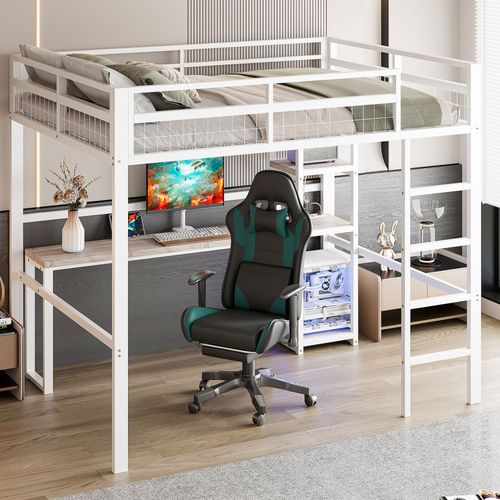 Lit Mezzanine 140x200cm, Bureau Avec Prise Électrique, Port USB Type-c, Cadre En Fer, Blanc