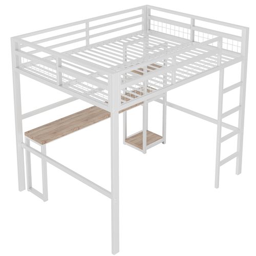 Lit Mezzanine 140x200cm, Bureau Avec Prise Électrique, Port USB Type-c, Cadre En Fer, Blanc