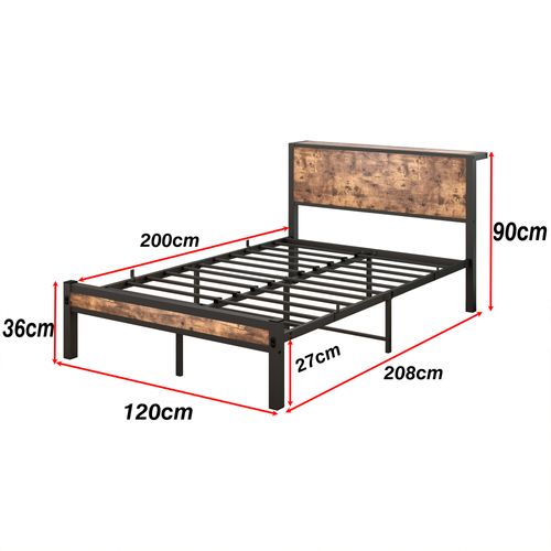 Lit Enfant 120x200 Cm, Lit Simple Avec Tête De Lit Et Rangement, Métal + Mdf, Couleur Bois + Noir