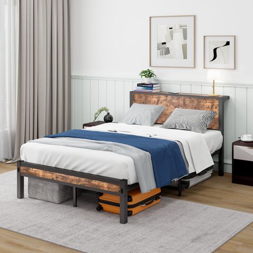 Lit Enfant 120x200 Cm, Lit Simple Avec Tête De Lit Et Rangement, Métal + Mdf, Couleur Bois + Noir