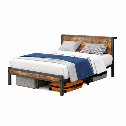 Lit Enfant 120x200 Cm, Lit Simple Avec Tête De Lit Et Rangement, Métal + Mdf, Couleur Bois + Noir