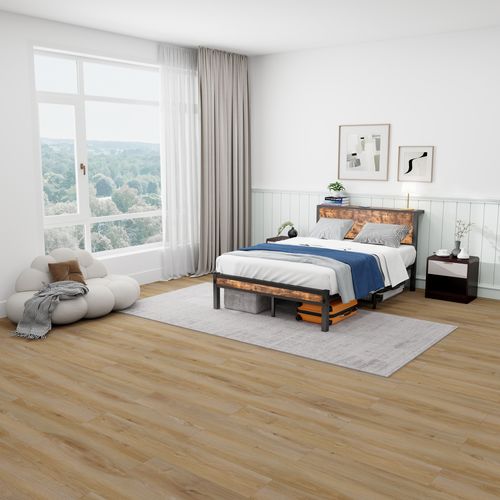 Lit Enfant 120x200 Cm, Lit Simple Avec Tête De Lit Et Rangement, Métal + Mdf, Couleur Bois + Noir