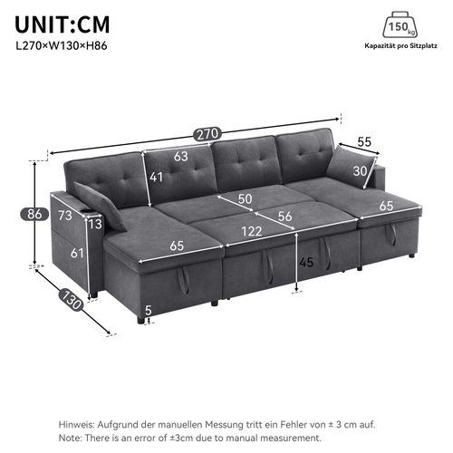 Canapé Convertible 4 Places Avec Coussins, Forme De U, Porte-gobelets, Rangement, Lin, Gris