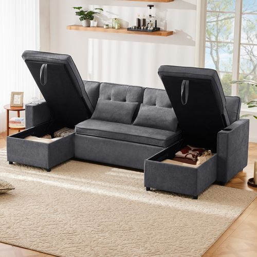 Canapé Convertible 4 Places Avec Coussins, Forme De U, Porte-gobelets, Rangement, Lin, Gris