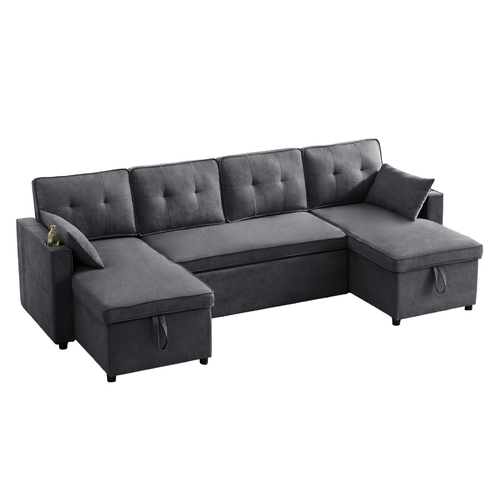 Canapé Convertible 4 Places Avec Coussins, Forme De U, Porte-gobelets, Rangement, Lin, Gris