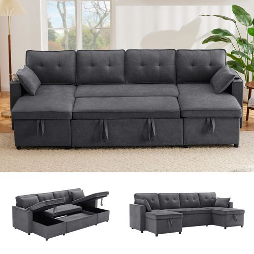 Canapé Convertible 4 Places Avec Coussins, Forme De U, Porte-gobelets, Rangement, Lin, Gris