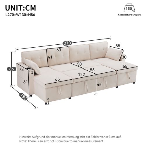 Canapé Convertible 4 Places Avec Coussins, Forme De U, Porte-gobelets, Rangement, Lin, Beige