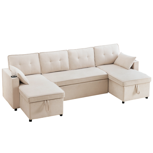 Canapé Convertible 4 Places Avec Coussins, Forme De U, Porte-gobelets, Rangement, Lin, Beige