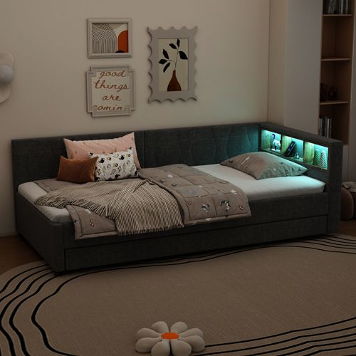 Lit Enfant 90x200 Cm Avec Lit Gigogne 90x190 Cm, Lumière LED Et Interface USB + Type-c, Lin, Gris