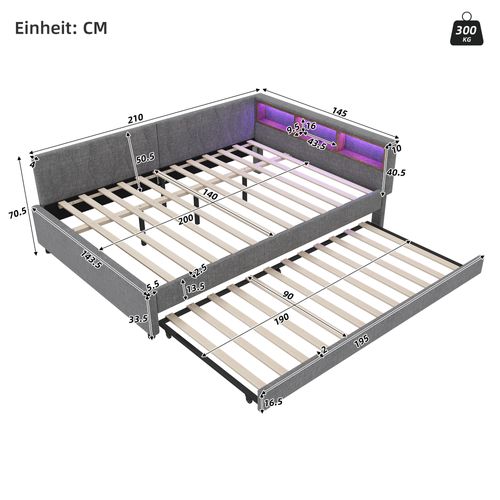 Lit Gigogne 140x200 Cm + 90x190 Cm Avec Rangement, Lit Avec LED, USB Et Type-c, Lin, Gris