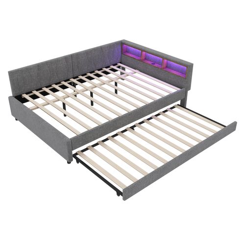 Lit Gigogne 140x200 Cm + 90x190 Cm Avec Rangement, Lit Avec LED, USB Et Type-c, Lin, Gris