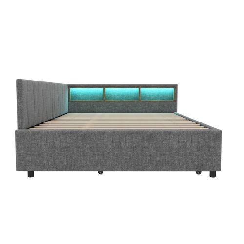 Lit Gigogne 140x200 Cm + 90x190 Cm Avec Rangement, Lit Avec LED, USB Et Type-c, Lin, Gris