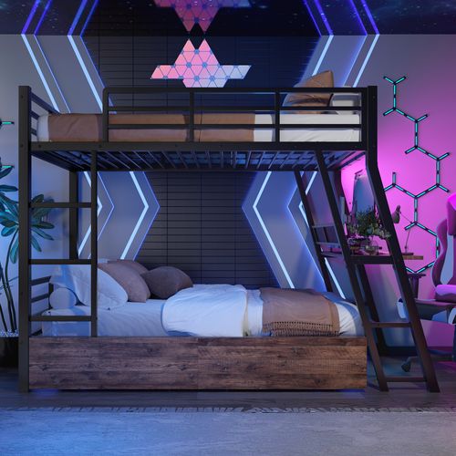 Lit Superposé 90x200 Cm Avec LED, Bureau, 2 Tiroirs, Échelle Et Garde-corps, En Métal, Noir