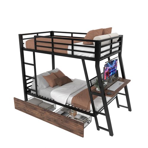 Lit Superposé 90x200 Cm Avec LED, Bureau, 2 Tiroirs, Échelle Et Garde-corps, En Métal, Noir