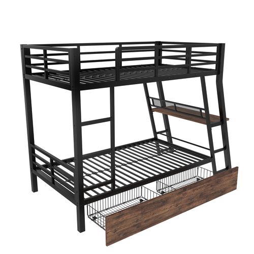 Lit Superposé 90x200 Cm Avec LED, Bureau, 2 Tiroirs, Échelle Et Garde-corps, En Métal, Noir