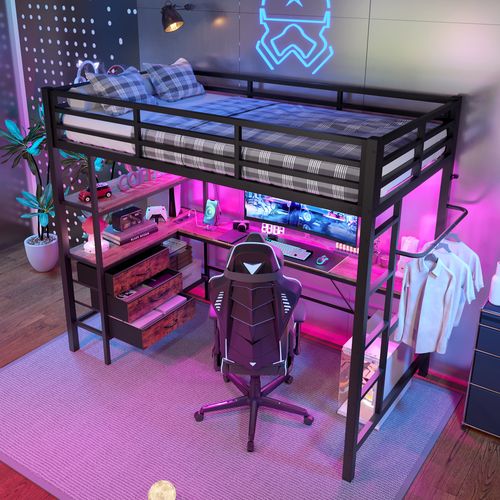 Lit Mezzanine 90x200cm Avec Éclairage LED, Bureau, 3 Tiroirs, Étagères, Structure En Fer, Noir