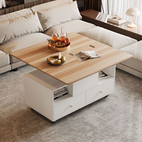 Table Basse Revelable 100x50x47.5-62 Cm Avec 4 Tiroirs, Compartiments Ouverts, En Mdf, Blanche